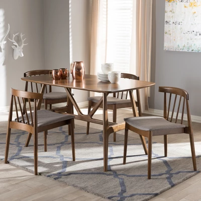 5pc Wyatt Midcentury Modern Walnut Wood Dining Set Beige/Brown - Baxton Studio 7 5pc Wyatt Midcentury Modern Walnut Wood Dining Set Beige/Brown - Baxton Studio - Image 5