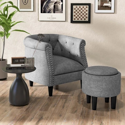 Costway Modern Accent Chair With Ottoman Armchair Barrel Sofa Chair With Footrest Grey 3 Costway Modern Accent Chair With Ottoman Armchair Barrel Sofa Chair With Footrest Grey