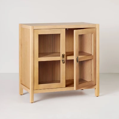 Grooved Wood With Glass 2-Door Cabinet - Natural - Hearth & Hand™ With Magnolia 5 Grooved Wood With Glass 2-Door Cabinet - Natural - Hearth & Hand™ With Magnolia - Image 3