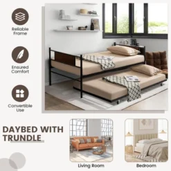 Costway Twin 2-In-1 Daybed Frame With Trundle Bed Set Steel Platform Sofa Bed Black -Bedroom Furniture Store GUEST 9cff8a64 03ba 49e9 9437 42d88358e946