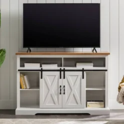 Transitional Sliding Barndoor Highboy TV Stand For TVs Up To 58" - Saracina Home -Bedroom Furniture Store GUEST e952740e 70ac 42e4 a86c 65befa0e8542